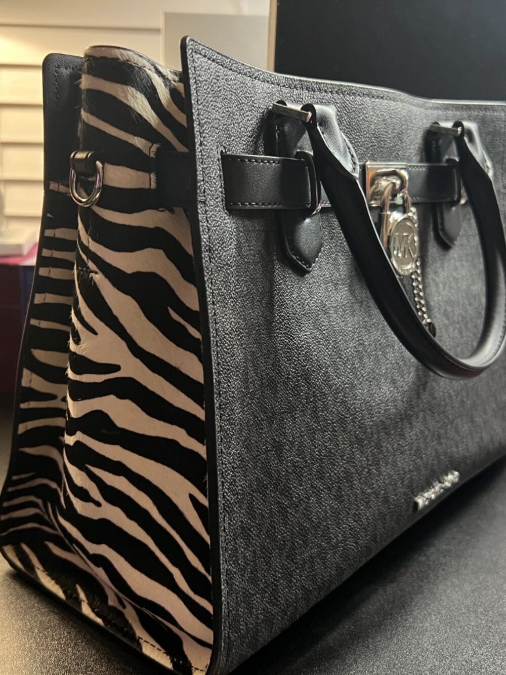 Michael Kors Medium Hamilton Signature Logo Satchel Zebra Print Handbag